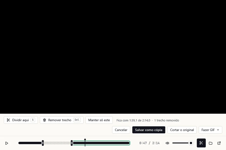 O player com os pontos de corte na linha do tempo