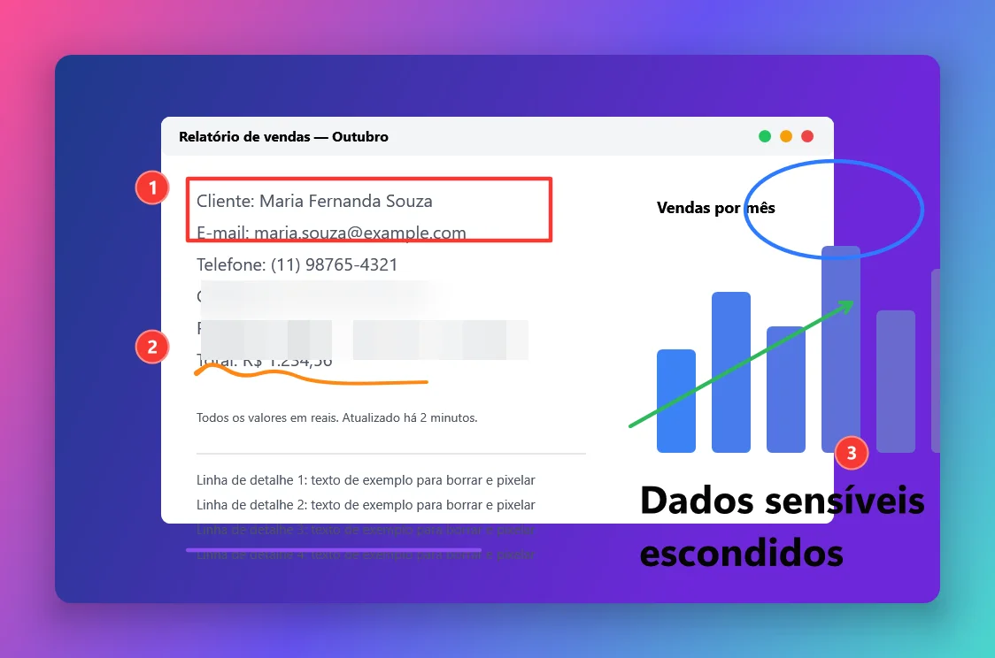 Uma captura anotada sobre um fundo em degradê, com margem, cantos e sombra